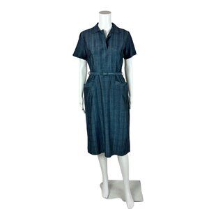 Vintage 50s Day Dress Women's Small Blue Striped Collared Button Back Hip Pocket